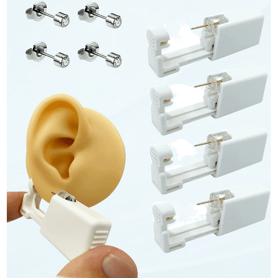 4 Pack Disposable Sterile Ear Piercing kit, self piercing earrings Gun,A fun at home piercing kit (Silver)