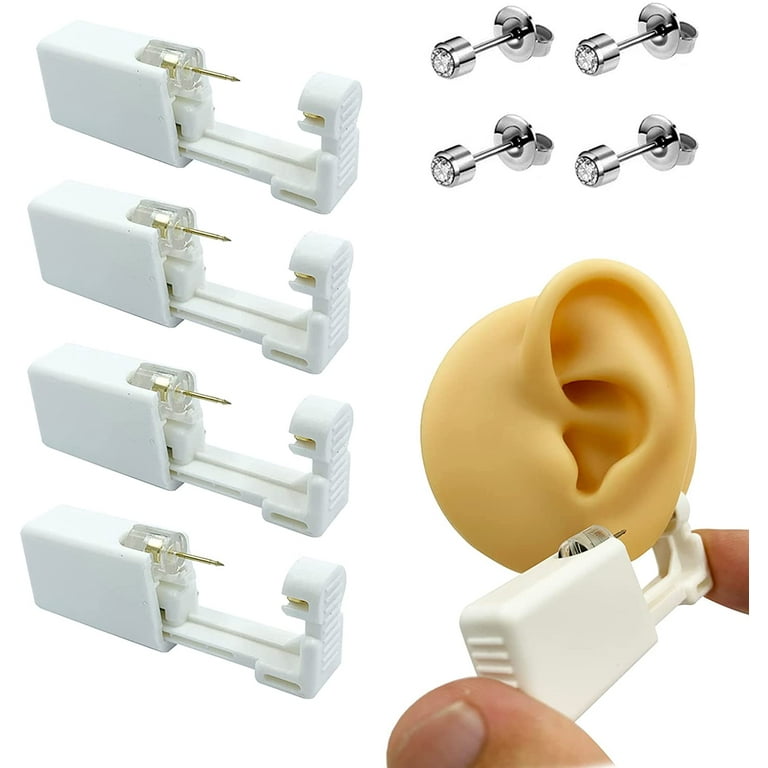 4 Pack Disposable Sterile Ear Piercing kit, self piercing earrings Gun,A  fun at home piercing kit (Silver) 