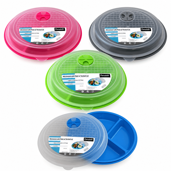 4-Pack Divided Microwave Plates with Vented Lids, BPA-Free Meal Prep Containers, 3-Section Portion Control Plates, Stackable, Dishwasher & Freezer Safe, 8.75" x 8.75