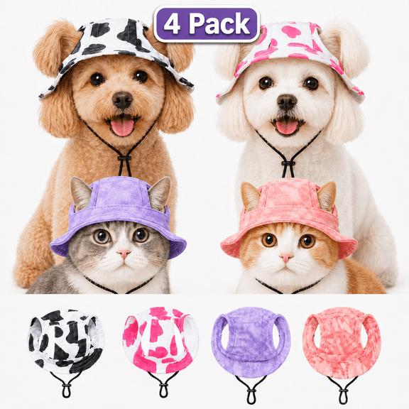 4 Pack Dog Bucket Hats with Ear Holes, Adjustable Sun Hats for Dogs & Cats