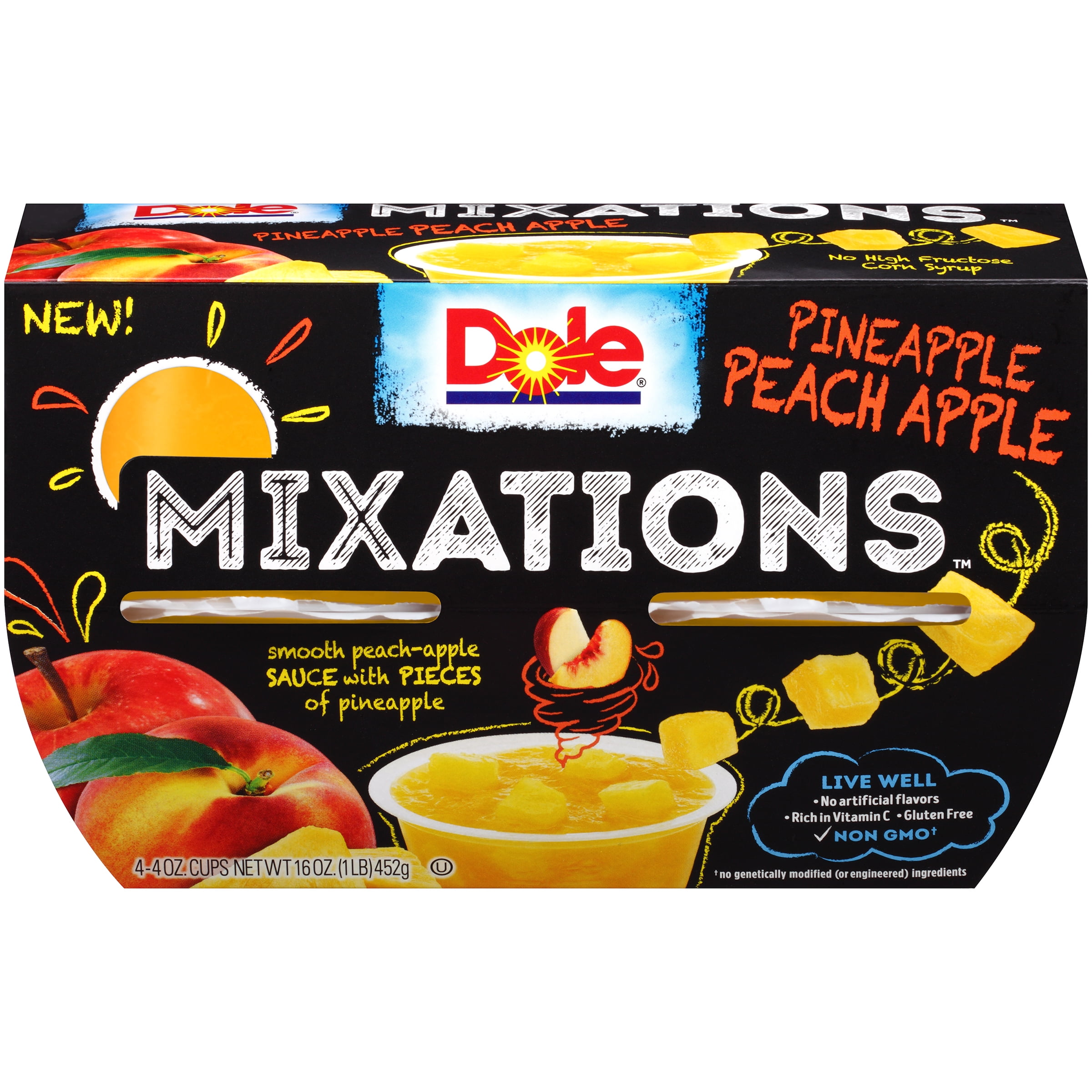 (4 Pack) Dole Fruit Bowls Pineapple Peach Apple Fruit Cups, 4 oz