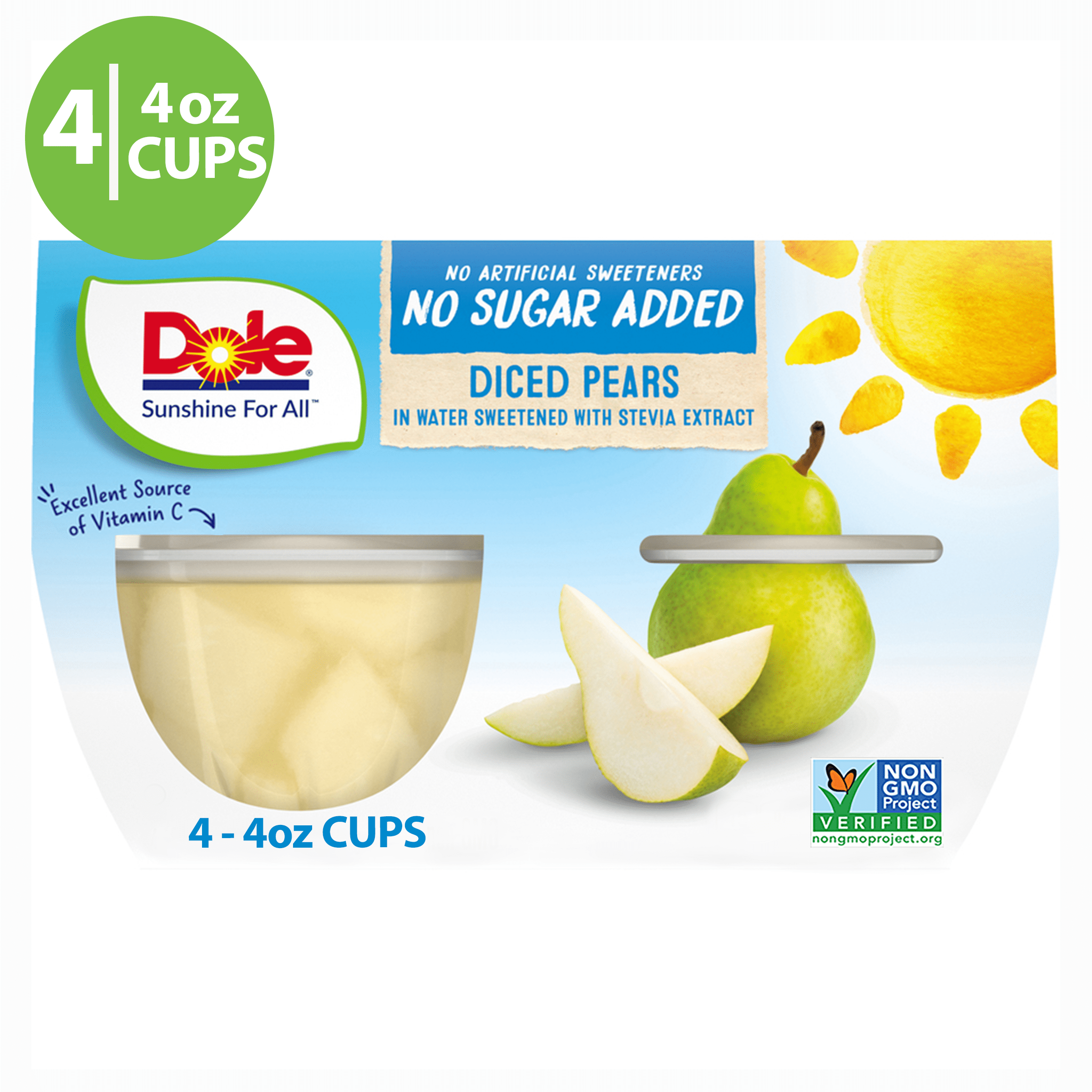 (4 Pack) Dole No Sugar Added Diced Pears, 4 oz
