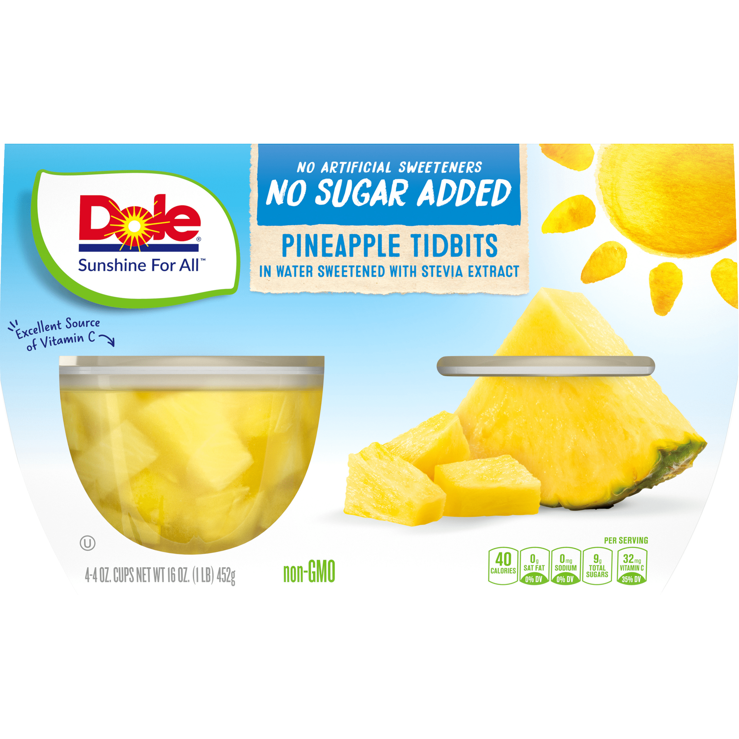 (4 Pack) Dole No Sugar Added Pineapple Tidbits Fruit Cups, 4 oz