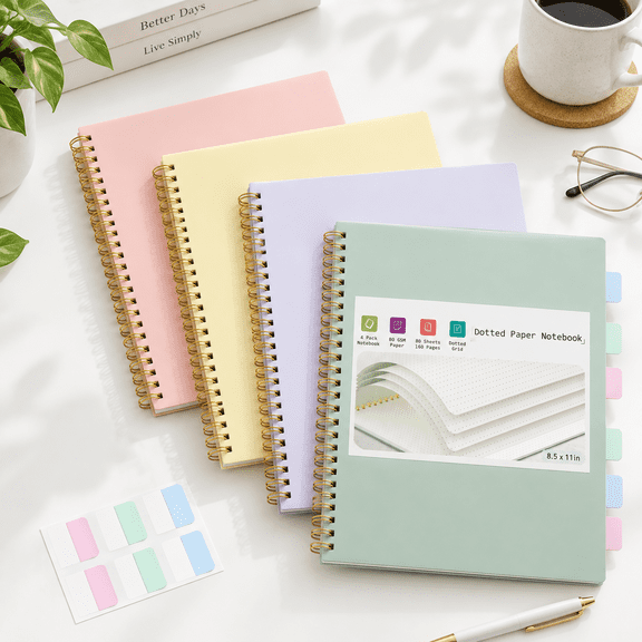 4 Pack Dotted Spiral Notebook 8.5" X 11" Dot Grid Journal 160 Pages Bound With Sticky Notes For Writing Drawing Women Men Work Sc