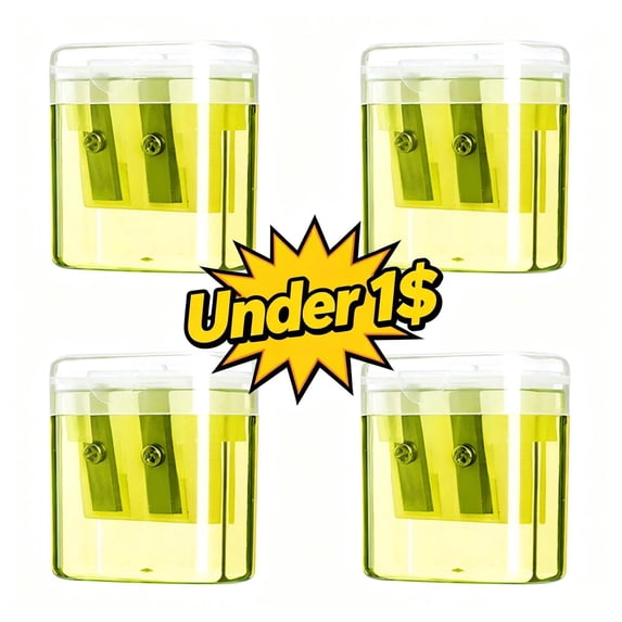 4 Pack Double Hole Manual Pencil Sharpener with Clear Leak‑Proof Shavings Storage Container, Multipurpose Compact Writing Utensils Sharpener for Office Artist Craft Daily Supplies (Yellow)