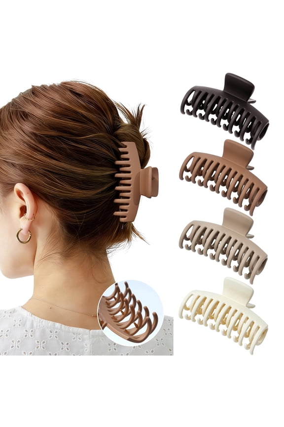 4 Pack Double Row Teeth Hair Claw Clips, 3.5" Large Strong Hold Matte Hair Clips for Thin and Short Fine Hair Accessories (Brown Neutral Matte)
