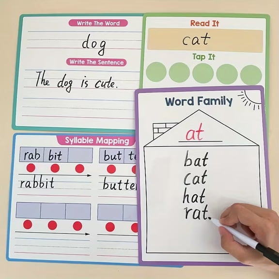 4 Pack Double-Sided CVC Word Family Dry Erase Boards for Phonics Spelling Practice - Reusable Learning Tools for Preschool, Kindergarten, and Homeschool