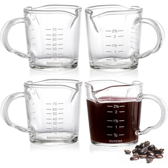 4 Pack Double Spouts Measuring Cups Espresso Shot Glass with Handle, 2.5 Oz Mini Milk Triple Pitcher Barista Clear Graduated Cups for Coffee, Wine, Bar, Party