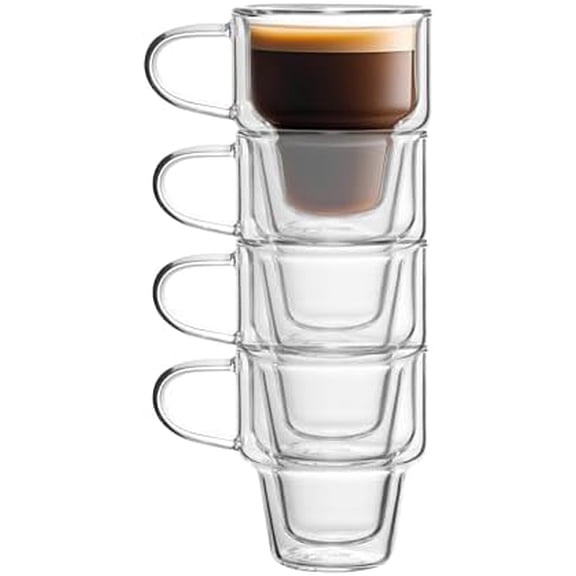 4 Pack Double Wall Glass Coffee Mugs 12 OZ Insulated Espresso Cups with Handle, Stackable Thermal Glass Coffee Cups, Ideal for Hot & Cold Drinks, Juice, Americano, Latte, Tea Bags, Cappuccinos