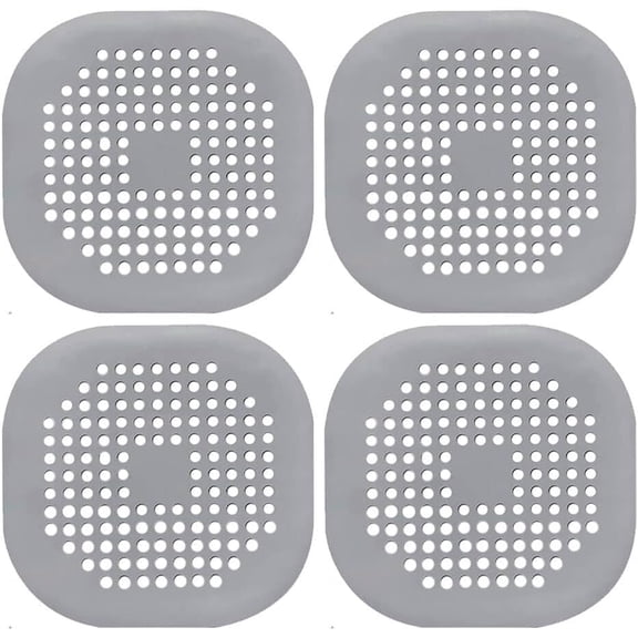 4 Pack Drain Cover Hair Catcher Pad, Silicone Tube Trap Shower with Sucker for Bathroom Kitchen, 5.5" Flat Square Rubber Strainer Plug Filter Bathtub Sink Home Protectors, Grey
