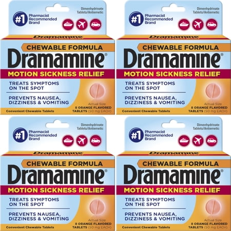 4 Pack Dramamine Motion Sickness Relief, Chewable Tablets Orange Flavor, 8 Each