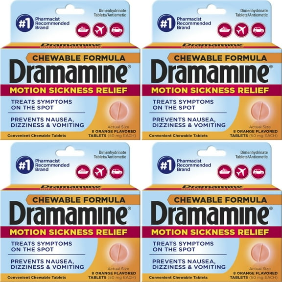 4 Pack Dramamine Motion Sickness Relief, Chewable Tablets Orange Flavor, 8 Each
