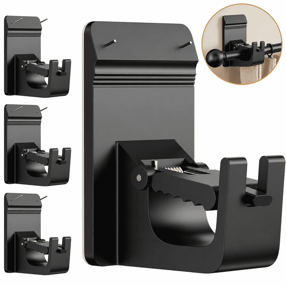 4 Pack No Drill Curtain Rod Brackets, Heavy Duty Adhesive Curtain Rod Holders with Invisible Nails, Damage Free Curtain Rod Hooks for Wall, Bathroom, Kitchen, Holds 30+ lbs