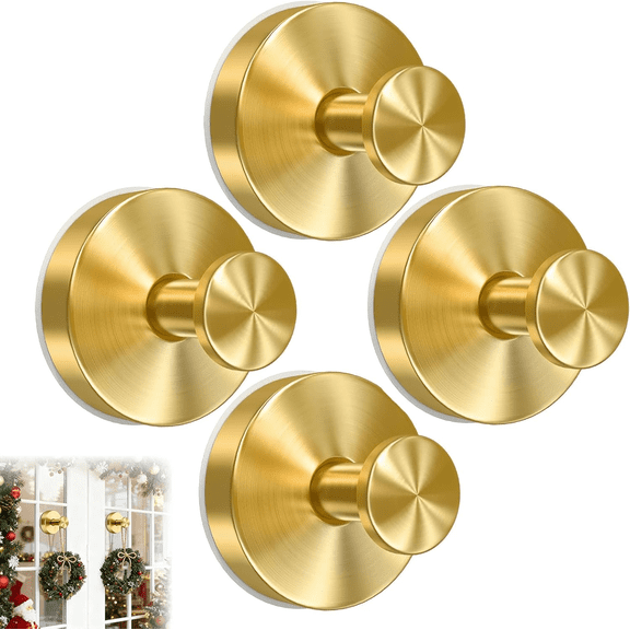 4-Pack No Drill Door Wreath Hangers, Suction Cup Hooks for Front Door Glass Window, Reusable Gold Hooks for Garland Welcome Sign, Fall Christmas Holiday Decor