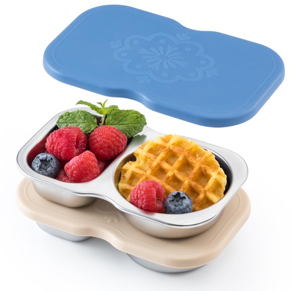 4 Pack Dual Compartment Stainless Steel Snack Containers with Silicone Lids, 5.3oz Leak-Proof Mini Divided Food Storage Boxes, Reusable Portable Lunch & Travel Portion Cups