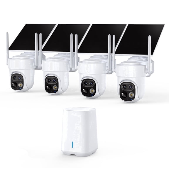 PIOJER Solar Security Cameras Wireless Outdoor 4-Pack, Dual-Lens PTZ Home Security System, AI Detection, Color Night Vision, 64GB Local Storage, No Monthly Fee