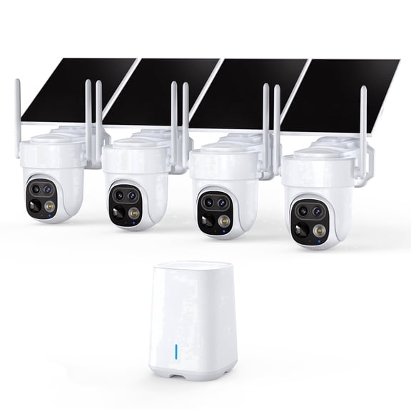 PIOJER Solar Security Cameras Wireless Outdoor 4-Pack, Dual-Lens PTZ Home Security System, AI Detection, Color Night Vision, 64GB Local Storage, No Monthly Fee