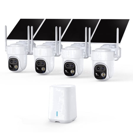 PIOJER Solar Security Cameras Wireless Outdoor 4-Pack, Dual-Lens PTZ Home Security System, AI Detection, Color Night Vision, 64GB Local Storage, No Monthly Fee