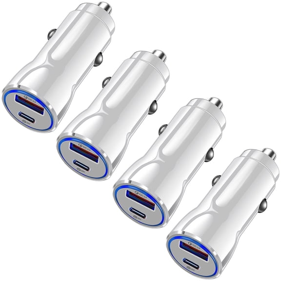 4-Pack Dual USB Car Charger QC3.0 Fast Charging, USB Cigarette Lighter Power Adapter Compatible with iPhone 14 13 12 11 Pro Max Mini X XR 8/7/6, Samsung Galaxy S23 S22 S20 S10 S9 Note20 GPS, White