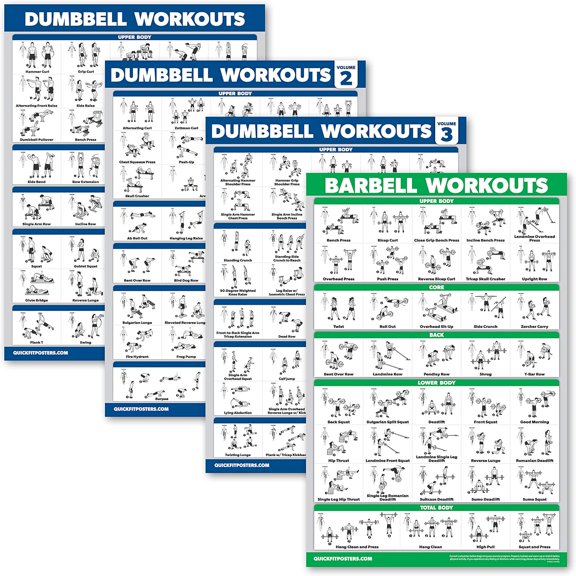 4 Pack - Dumbbell Workout Posters Volume 1, 2 & 3 + Barbell Exercise Chart - Set of 4 Posters (LAMINATED, 18" x 24")