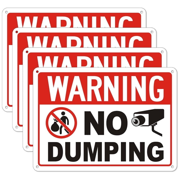 (4 Pack) No Dumping Signs with Symbol, 10 x 7 Inches No Dumping Video Surveillance Sign, Rust Free Aluminum, UV Protected, Weather Resistant, Waterproof, Easy to Mount, Indoor or Outdoor Use