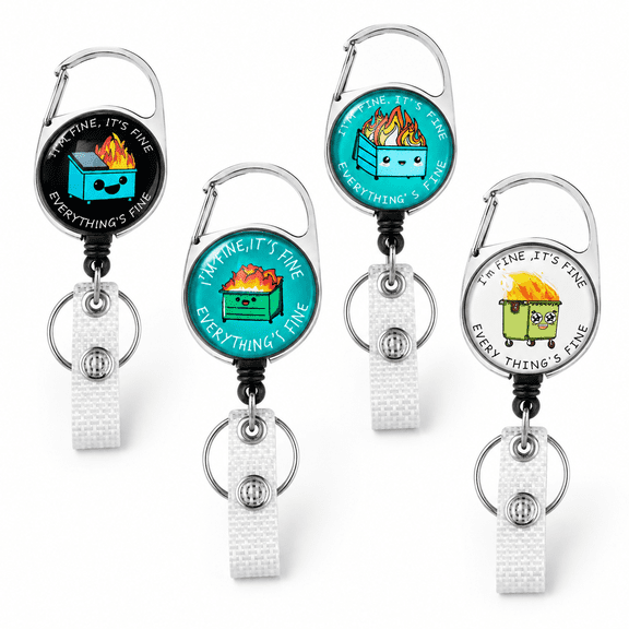 4-Pack Dumpster Fire Funny Retractable Badge Reels With Carabiner Clips