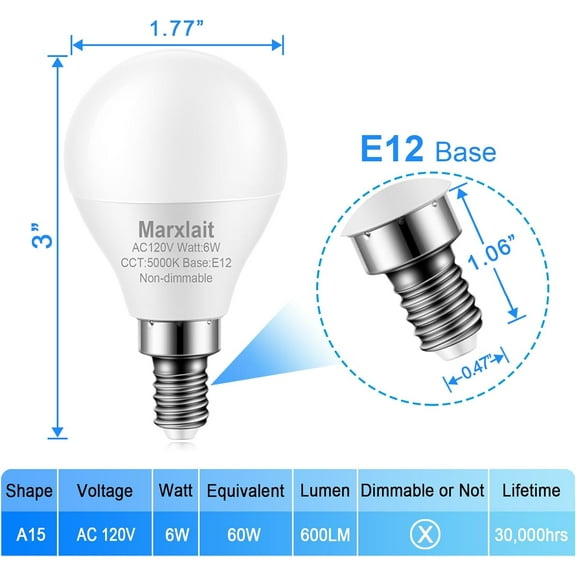 4 Pack E12 Ceiling Fan Light Bulbs, 60W Equivalent, Daylight White 5000K, Small Base LED Candelabra Light Bulb, Bright A15 LED Bulb, 120V, Non-dimmable