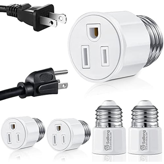 4 Pack E26/E27 3 Prong Light Socket to Plug Adapter, Polarized Light Bulb Plug Adapter for Screw in Light Socket Outlet, 2/3 Prong Light Bulb Adapter Socket Converter for , Garage, Porch, Lamp