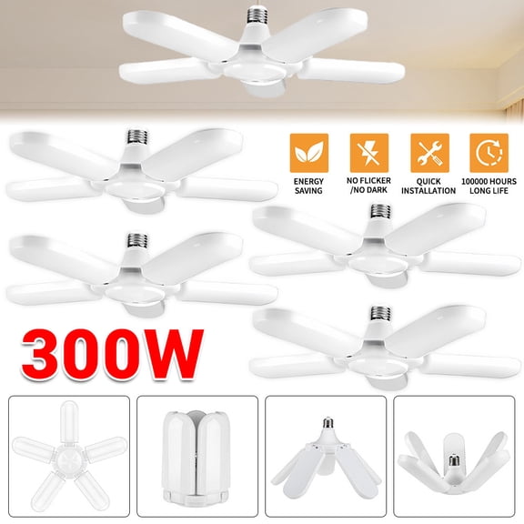 4 Pack E27 Foldable 5-Leaf Deformable LED Fan Light Bulb, 90 Adjustable High Lumen LED Garage Ceiling Light for Basement, Workshop, Attic & Warehouse
