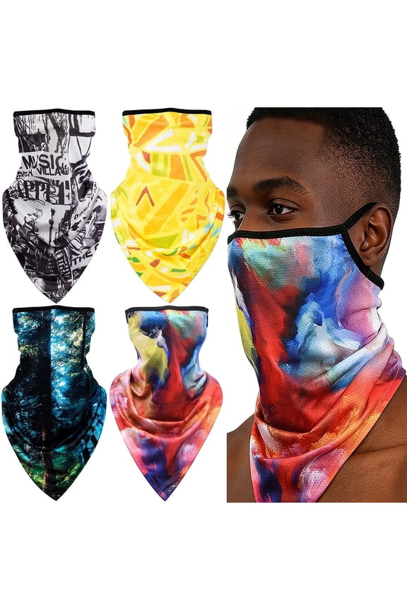 4 Pack Ear Loops Cycling Face Mask Balaclava, UV Protection Breathable Windproof Printed Neck Gaiter, Dustproof Face Cover for Motorcycle Riding Hiking Camping Outdoor Sports Men Women
