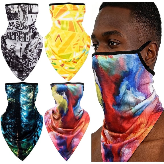 4 Pack Ear Loops Cycling Face Mask Balaclava, UV Protection Breathable Windproof Printed Neck Gaiter, Dustproof Face Cover for Motorcycle Riding Hiking Camping Outdoor Sports Men Women