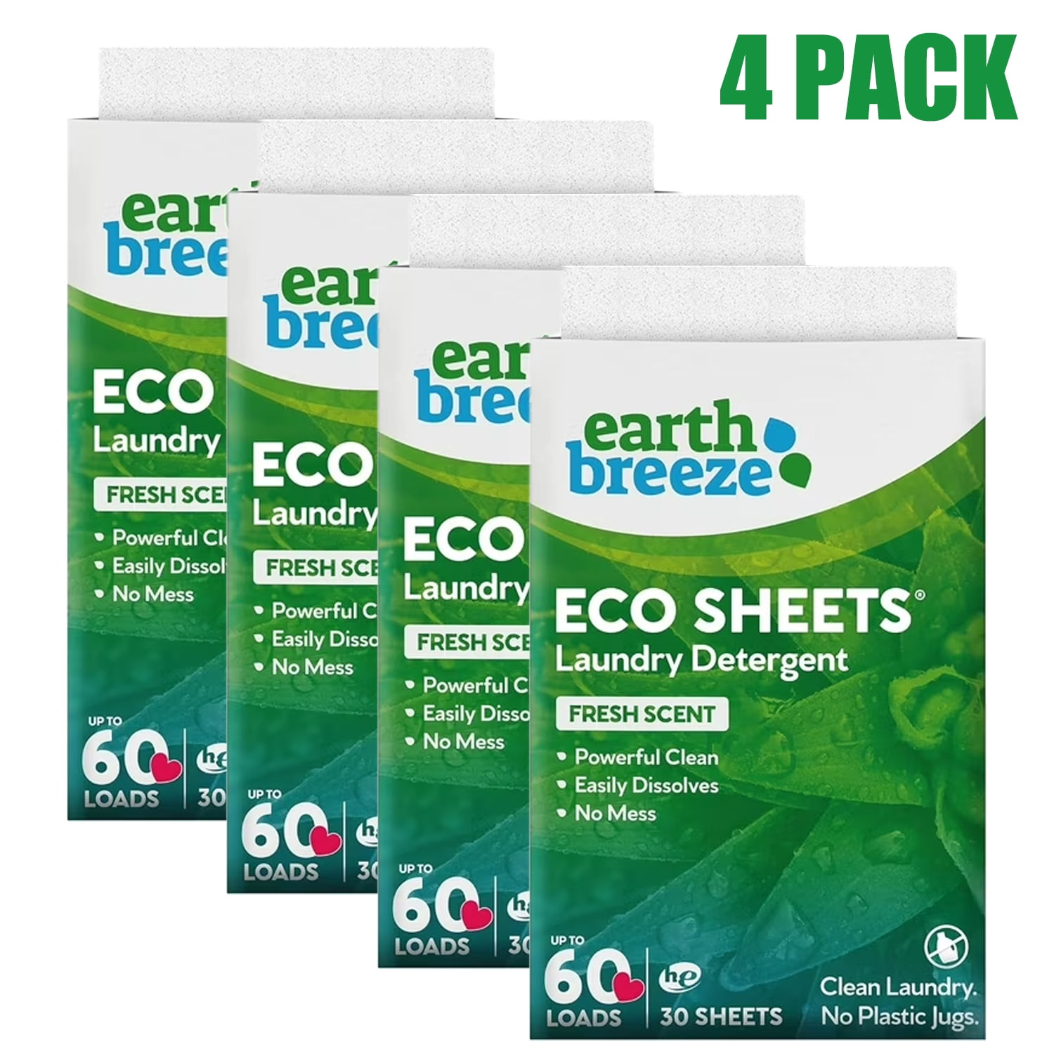 (4 - Pack) Earth Breeze Fresh Scent Laundry Detergent Sheets: 60 Loads ...