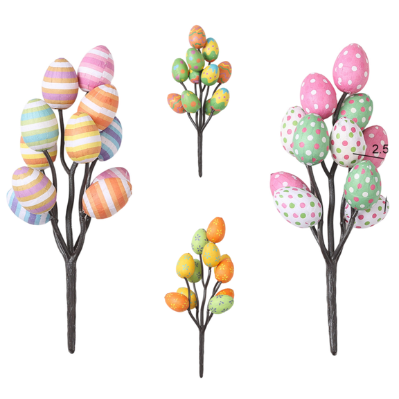 4-Pack Easter Egg Picks Decorations for Potted Plants Printed Artificial Egg Stems for Spring Floral Arrangements Easter Tree Ornaments Holiday Home Party Decor