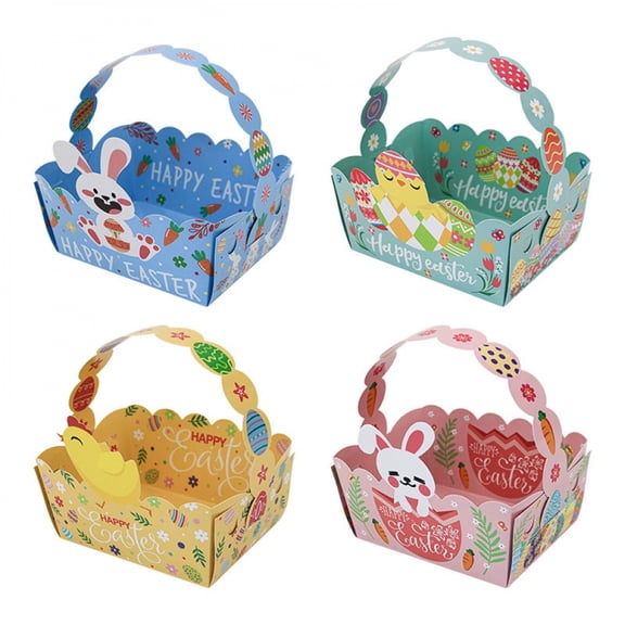 4 Pack Easter Treat Boxes, Square Paper Baskets with Handles for Kids - Perfect for Egg Hunt, Party Favors, Candy Gifts (Pink, Green, Blue, Yellow)