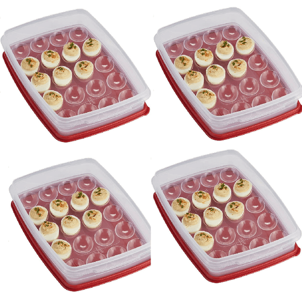 4 Pack Egg Keeper Food Storage Container, Clear/Red, Holds 20 Jumbo Eggs, Stackable Plastic Egg Tray with Lid for Fridge, Deviled Egg Carrier, BPA-Free, Dishwasher Safe