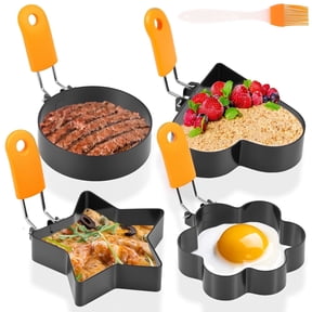 4 Pack Eggs Rings, Stainless Steel Egg Cooking Rings, Round Pancake Mold for Frying Eggs, Omelet and Muffins, Non-stick Fried Egg Mold Ring with Oil Brush and Slotted Spatula, 4 Shapes