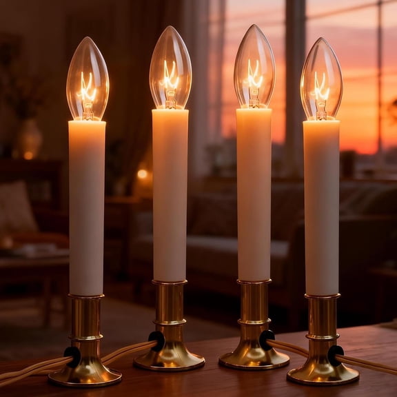 4 Pack Electric Candle Lights for Inside Windows, Christmas Electric Window Candles Plug in with C26 Clear Bulbs, 7W Window Sill Lights with Golden Base /Off for Holiday Wedding Mantel