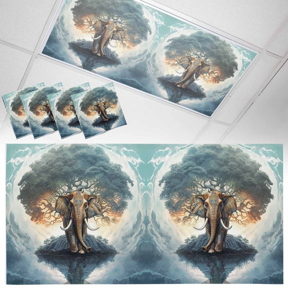 4 Pack Elephant Tree Water Surface Fluorescent Light Covers for Ceiling Lights Reflection Pink Clouds Sky Animal Magnetic Ceiling Light Covers Overhead Light Filters for Office Classroom Home