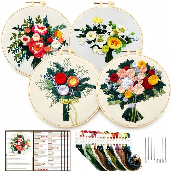 4 Pack Embroidery Kit for Beginners to Adults 4 Bouquet Print Pattern with 4 Hoops, Threads, Needles & Instructions,Easy Arts Crafts for Handmade Gifts & Home Decor