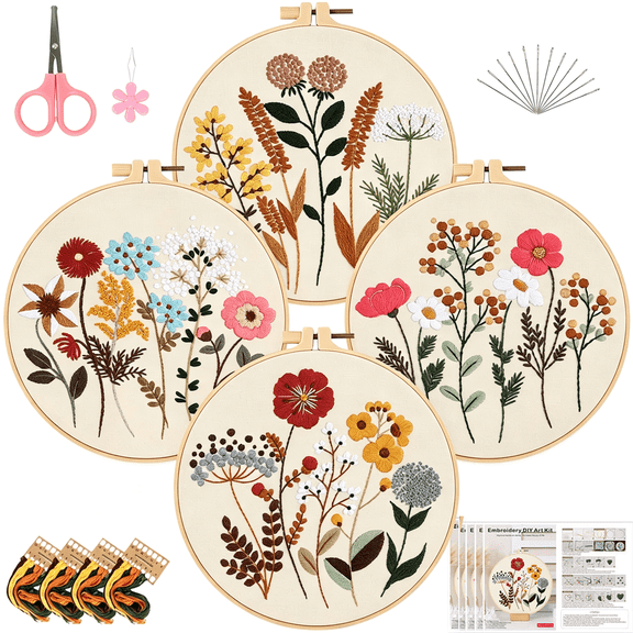 Prichor 4 Pack Embroidery Kit for Adults, DIY Starter Cross Stitch Kits with Flower Stamped Patterns, Embroidery Hoop Tools and Colorful Threads, Hand Craft Lover Gift