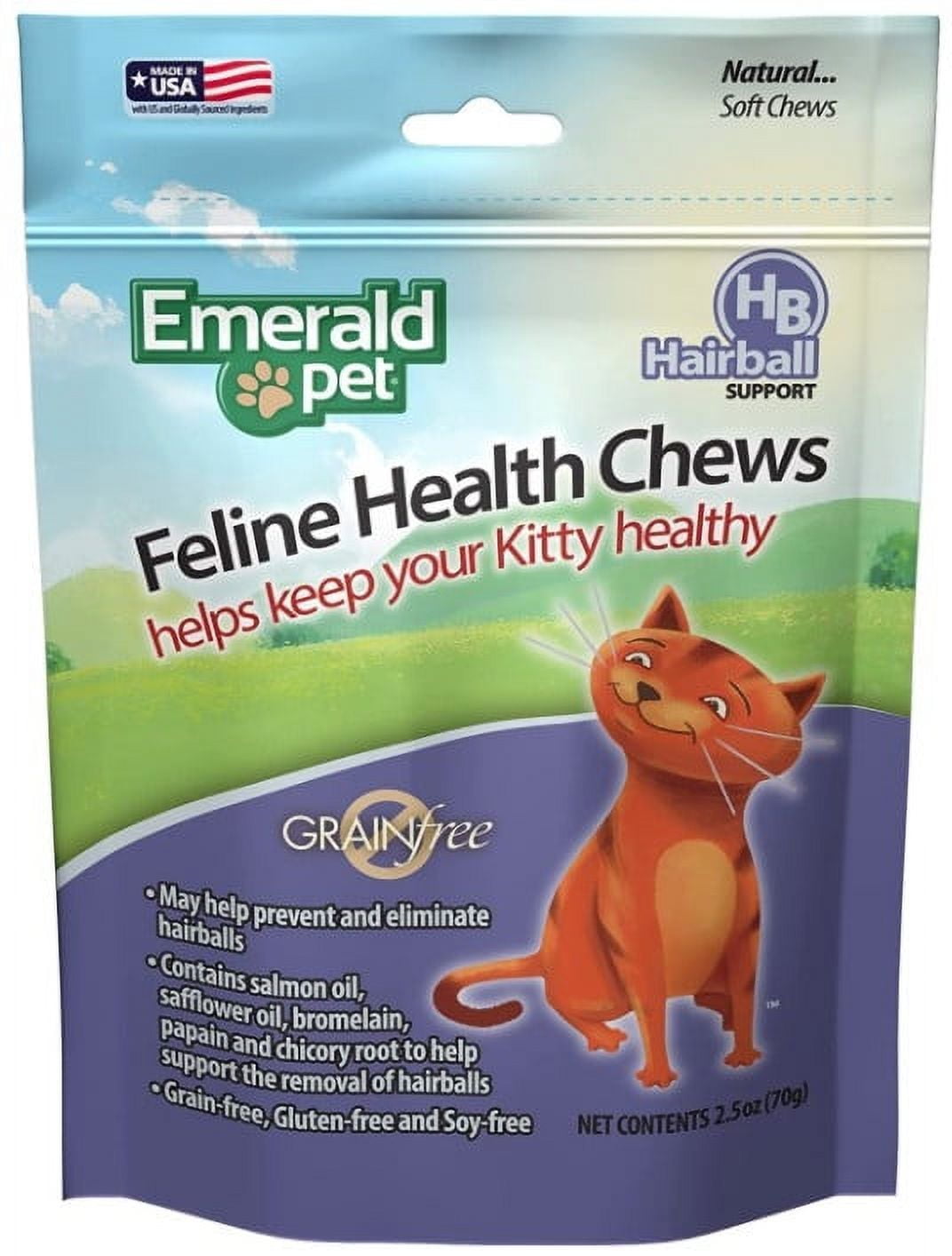 4 Pack Emerald Pet Feline Health Chews Hairball Support [Cat Hairball Remedy, Bulk Cat Supplies, Emerald Pet] 10 oz (4 x 2.5 oz)