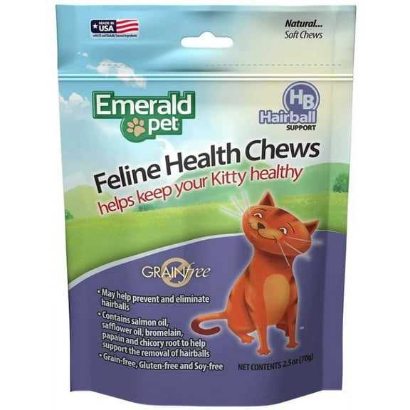 4 Pack Emerald Pet Feline Health Chews Hairball Support [Cat Hairball Remedy, Bulk Cat Supplies, Emerald Pet] 10 oz (4 x 2.5 oz)