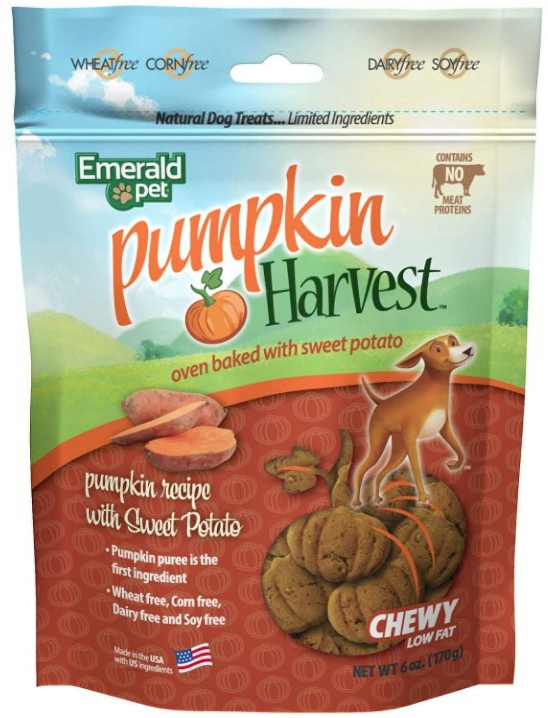 4 Pack Emerald Pet Pumpkin Harvest Oven Baked Dog Treats with Sweet Potato [USA Dog Treats, Bulk Dog Supplies, Emerald Pet] 24 oz (4 x 6 oz)