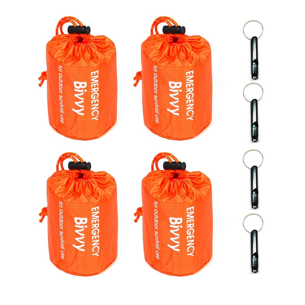 4 Pack Emergency Bag Survival Bivvy Sack with Whistles, Lightweight Portable Emergency Supplies for Outdoor Camping Hiking Keep Warm After Earthquakes, Hurricanes Disasters