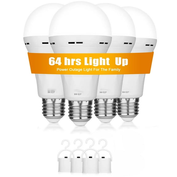 4 Pack Emergency Rechargeable Light Bulbs,Battery Operated Backup Light Bulb for Power Outage Camping Outdoor Hurricane 9W E27 6500K 1200mAh White Equivalent Self-Charging LED Light Bulbs