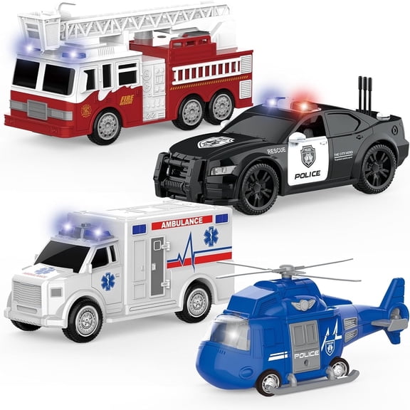4 Pack Emergency Vehicles with Lights & Siren Sounds - Fire Truck, Ambulance, Police Car & Helicopter - Friction Powered Toys for Boys 3-8