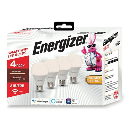 4 Pack Energizer Smart Wi-Fi Dimmable Warm White LED Bulbs, Mobile App Control, A19 E26, 800 Lumens