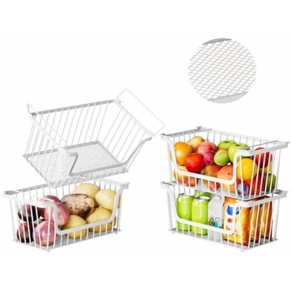 4 Pack Enhanced Leak-Proof Bottom Stackable Wire Baskets, Pantry Organizers and Storage, Pantry Storage，Shelf Baskets, Fruit Basket, Potato and Onion Storage Bins，(White)