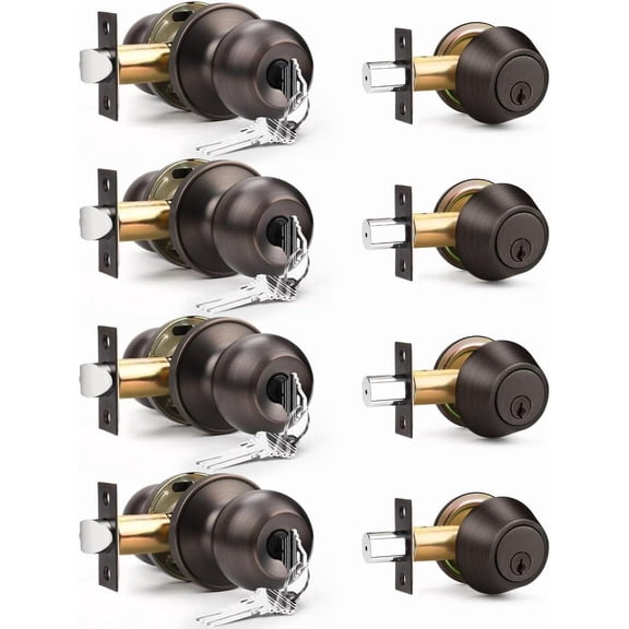 4 Pack Entry Door Locksets with Single Cylinder Deadbolt, Oil Rubbed Bronze Exterior Door Lock Set with Same Key, Front Roound Door Knob and Deadbolt Set