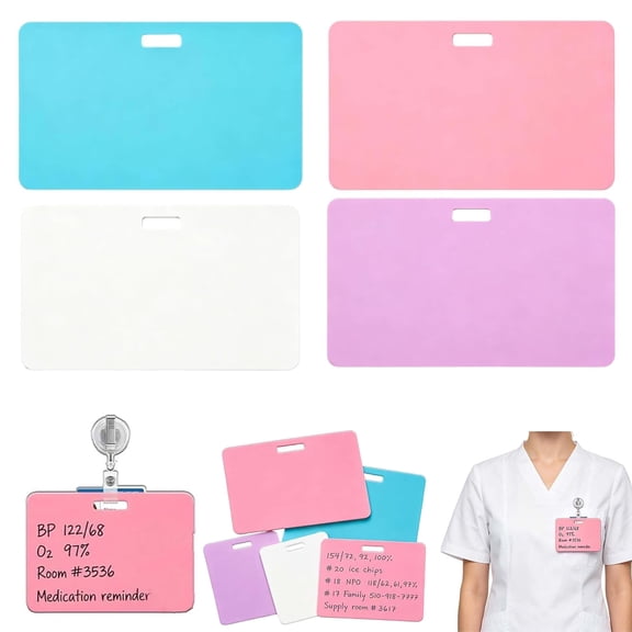 4-Pack Erasable Badge Notes, Reusable Silicone Badge Notepad, Dual-Sided Writable ID Badge Memo Pad, Ballpoint Pen Compatible & Alcohol Wipe Clean, Portable Badge Buddy for Nurses, Doctors & Clinical